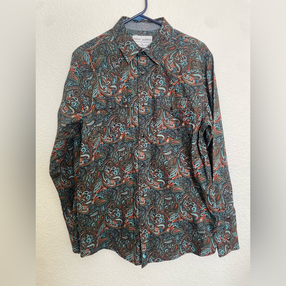 Cody James Western Paisley Snap Button Shirt Teal Orange Long Sleeve